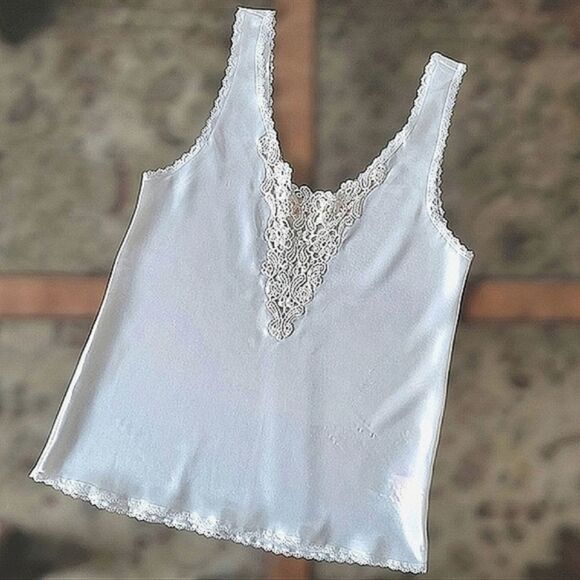 Vintage Tops - Vtg 90’s silky ivory lace tank camisole